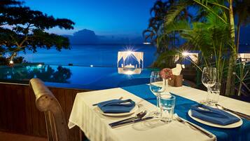 Breakfast, lunch, dinner served; beach views