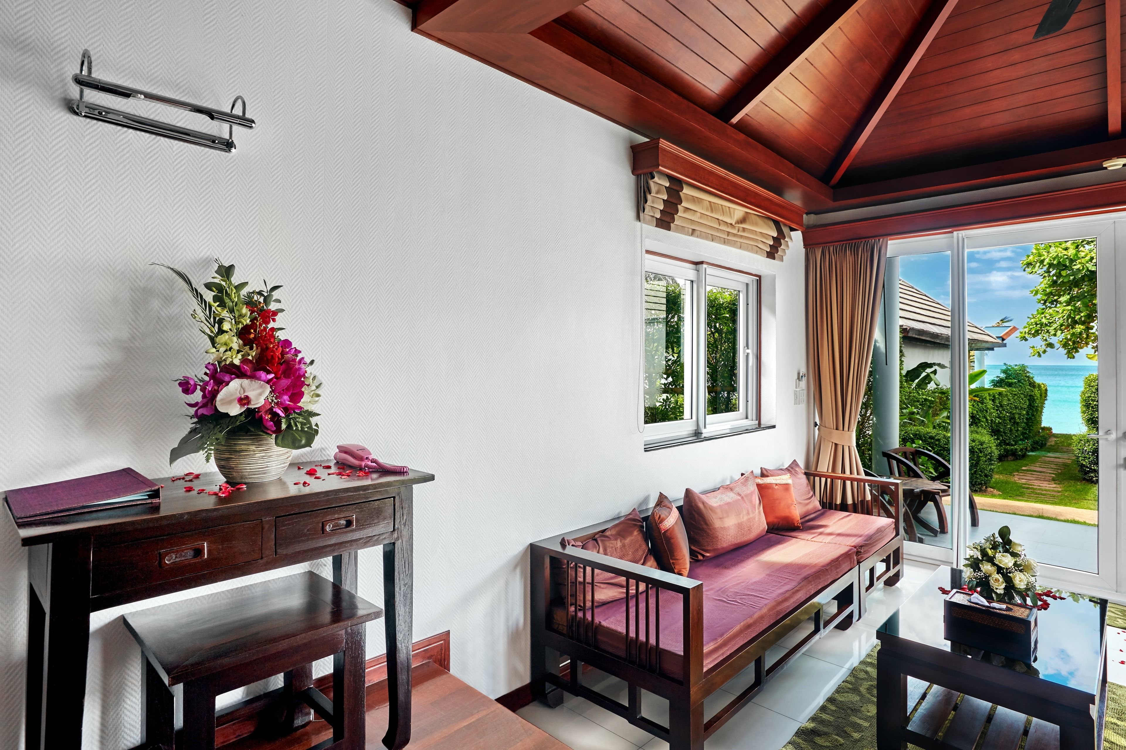 seaview pool villa  | living area | 32-inch tv with cable channels, fireplace, dvd player