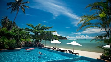 Kolam renang terbuka, payung kolam, kerusi lepak pantai 