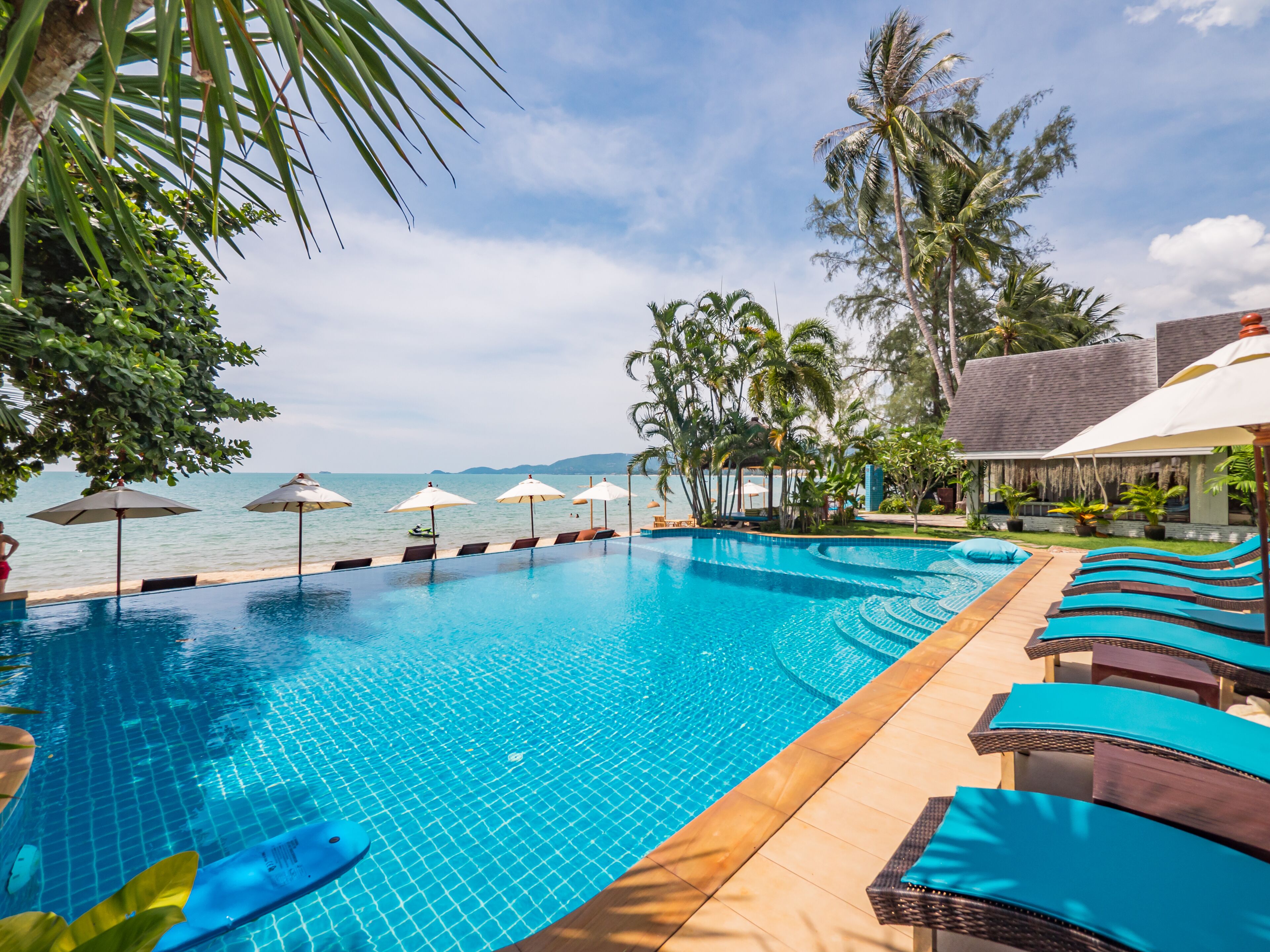 outdoor pool, pool umbrellas, pool loungers