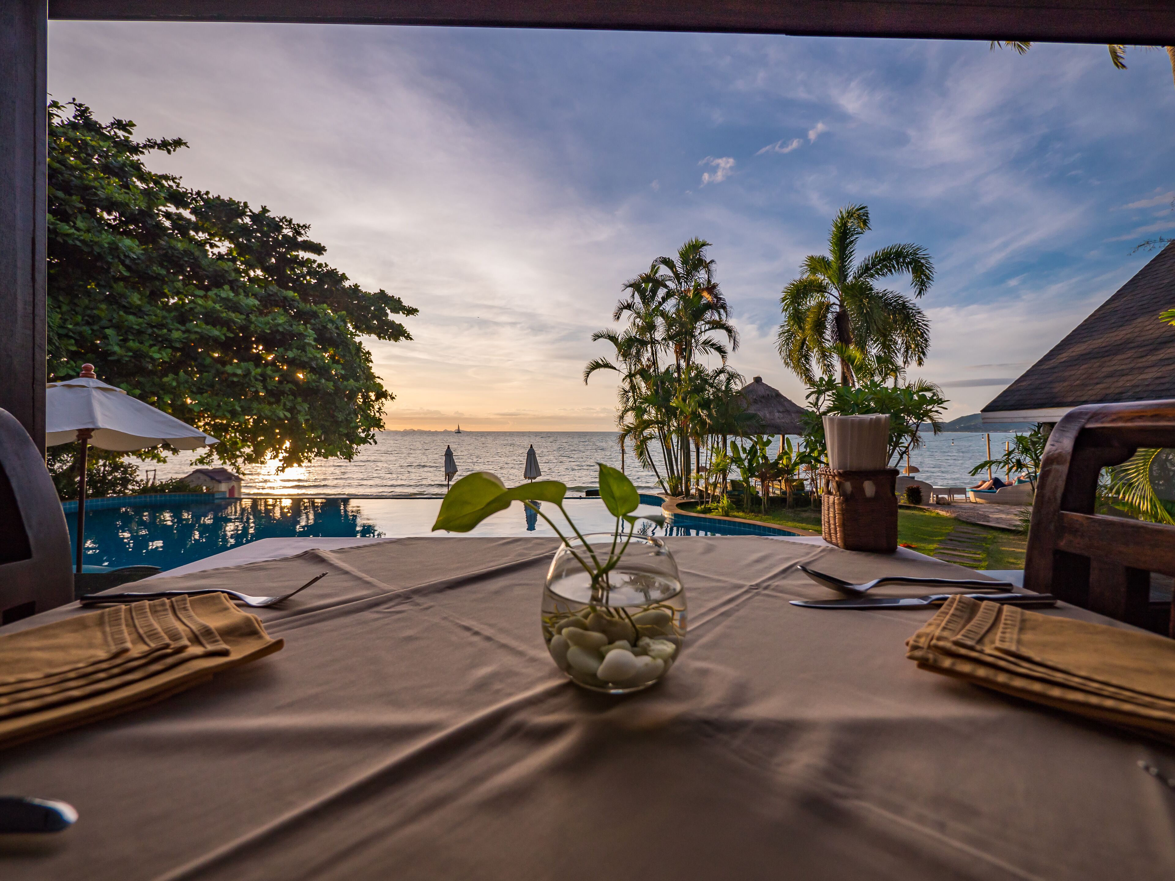 Mesa lista para comer con vista al océano y palmeras.