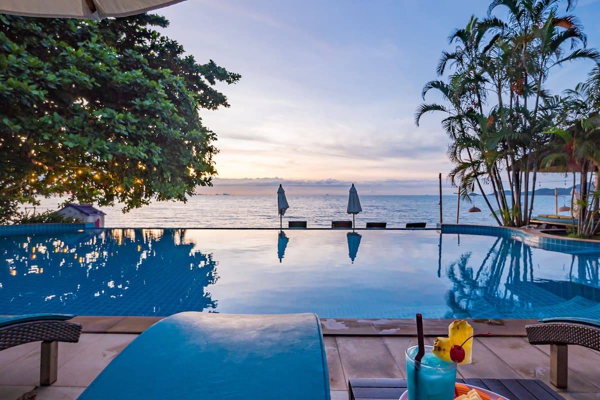 outdoor pool, pool umbrellas, pool loungers