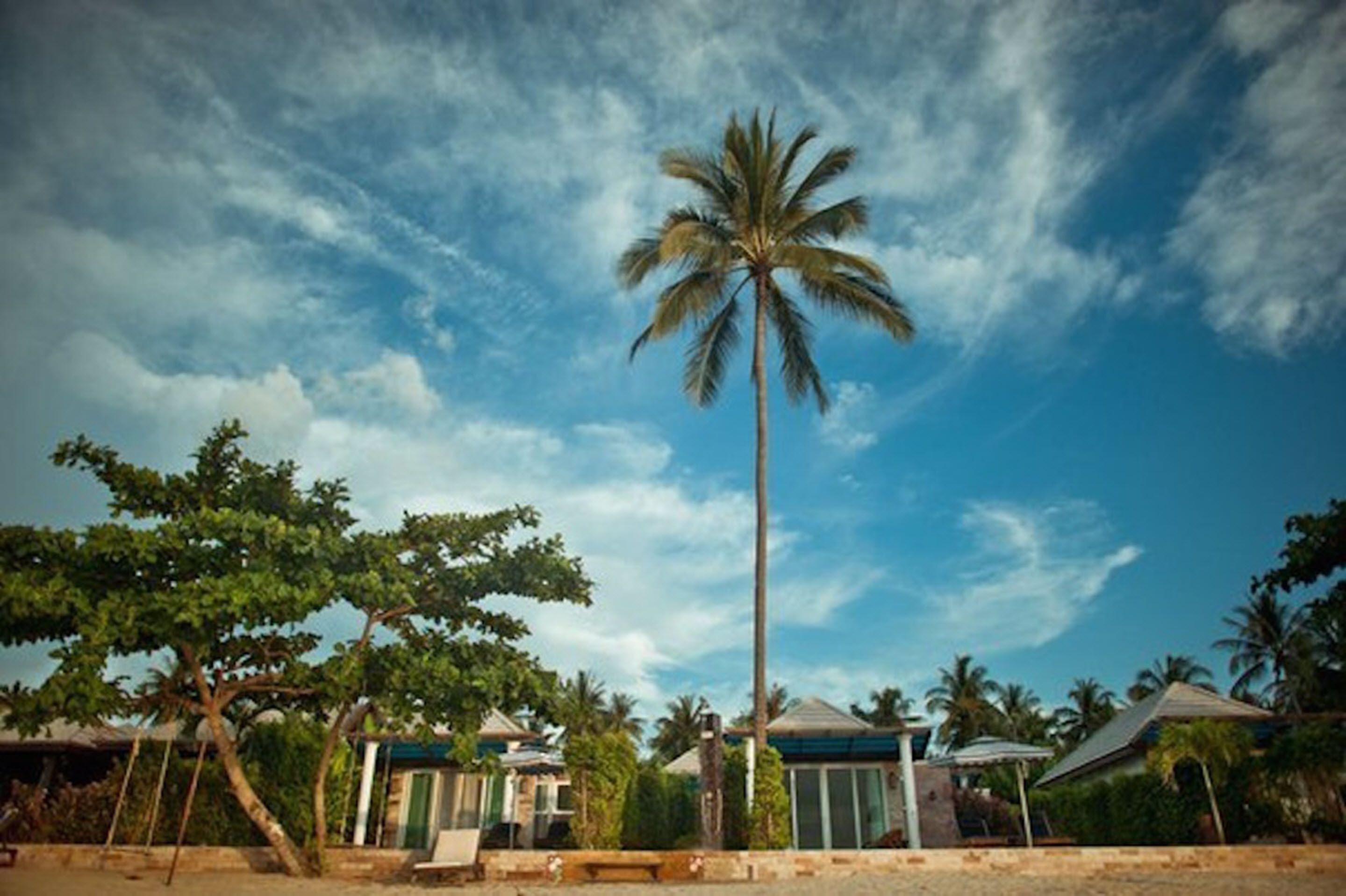 on the beach, sun-loungers, beach umbrellas, beach towels