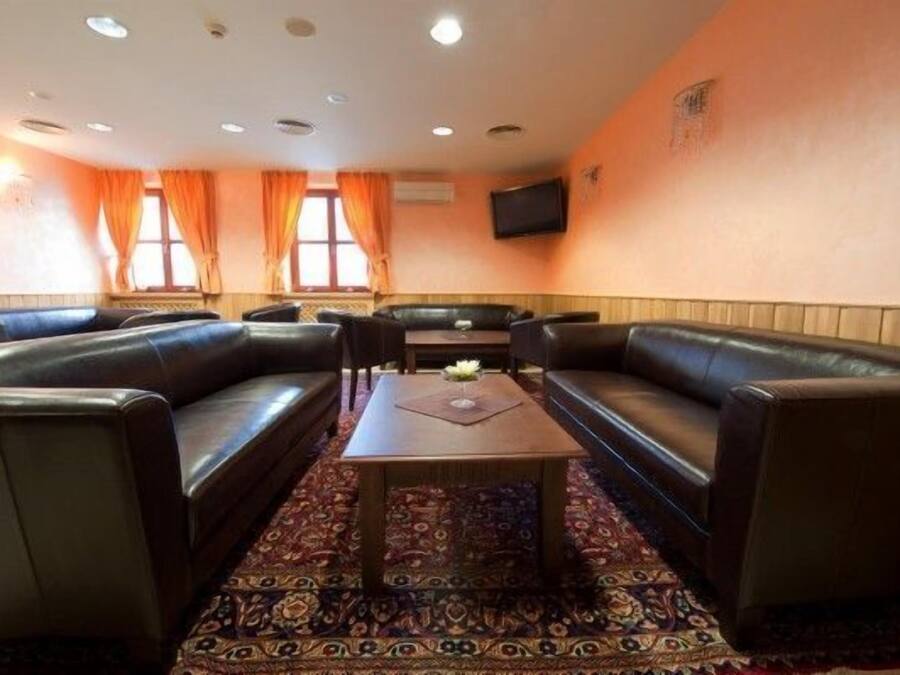 Una habitación con sofás de cuero dispuestos alrededor de una mesa de centro, una alfombra estampada y un televisor en la pared.