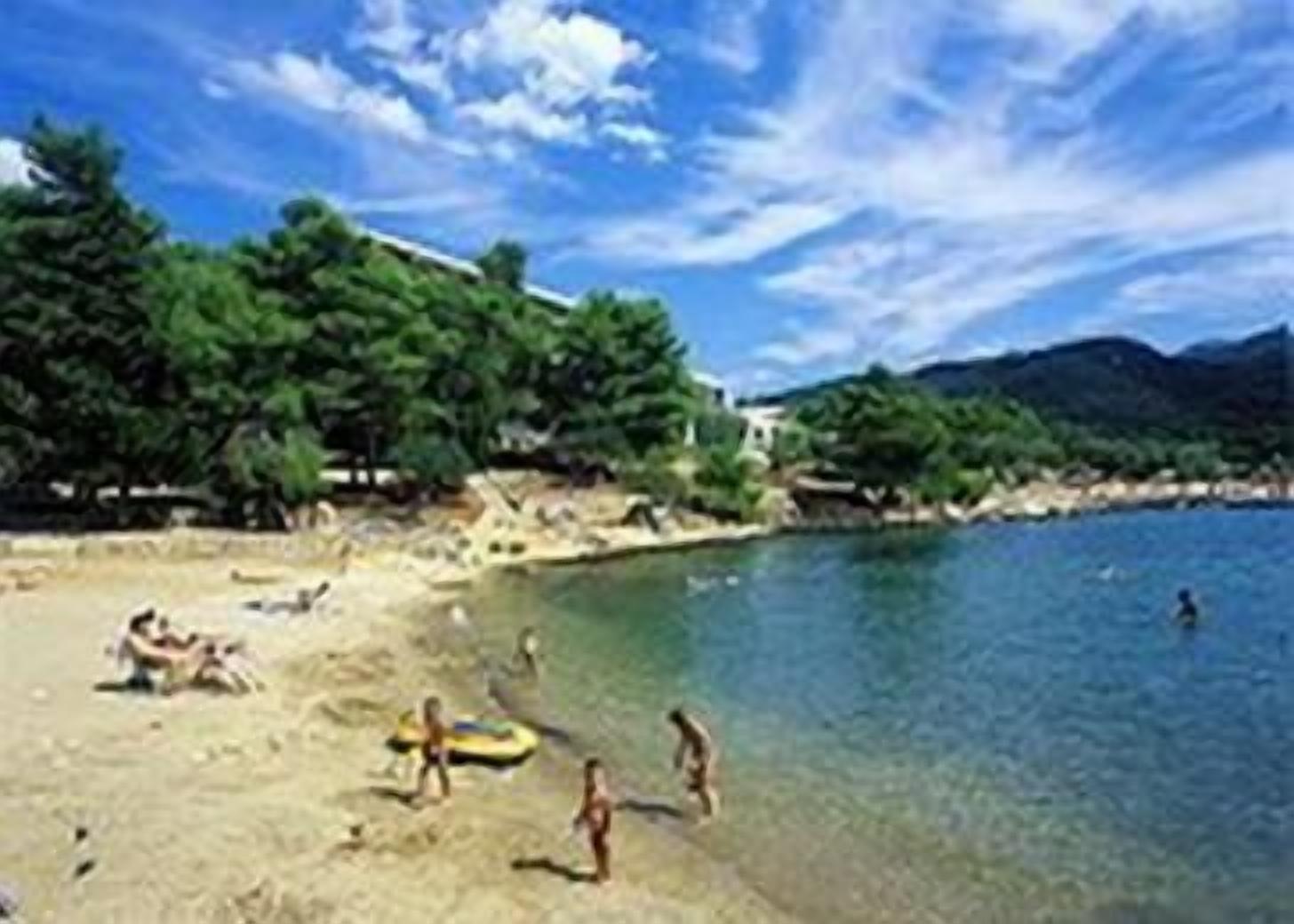 Ein Strand mit klarem Wasser, Personen beim Schwimmen und Bäume im Hintergrund.