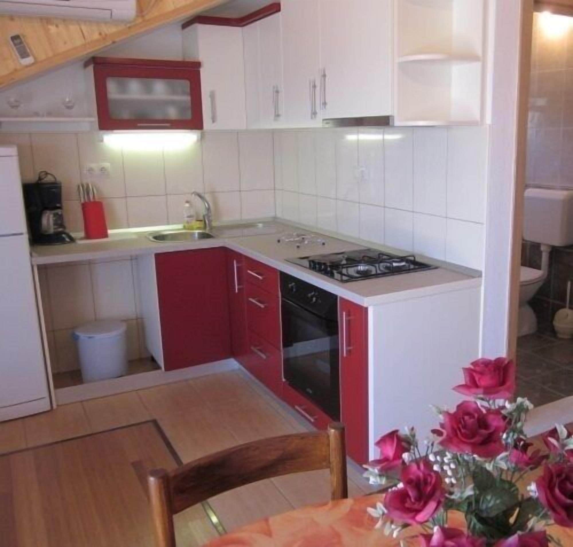 A compact kitchen with white and red cabinets, a gas stove, and a sink.