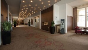 A hotel corridor with a patterned carpet, ceiling lights, potted plants, and a reception desk. - Cityhotel Design & Classic (St. Pölten)