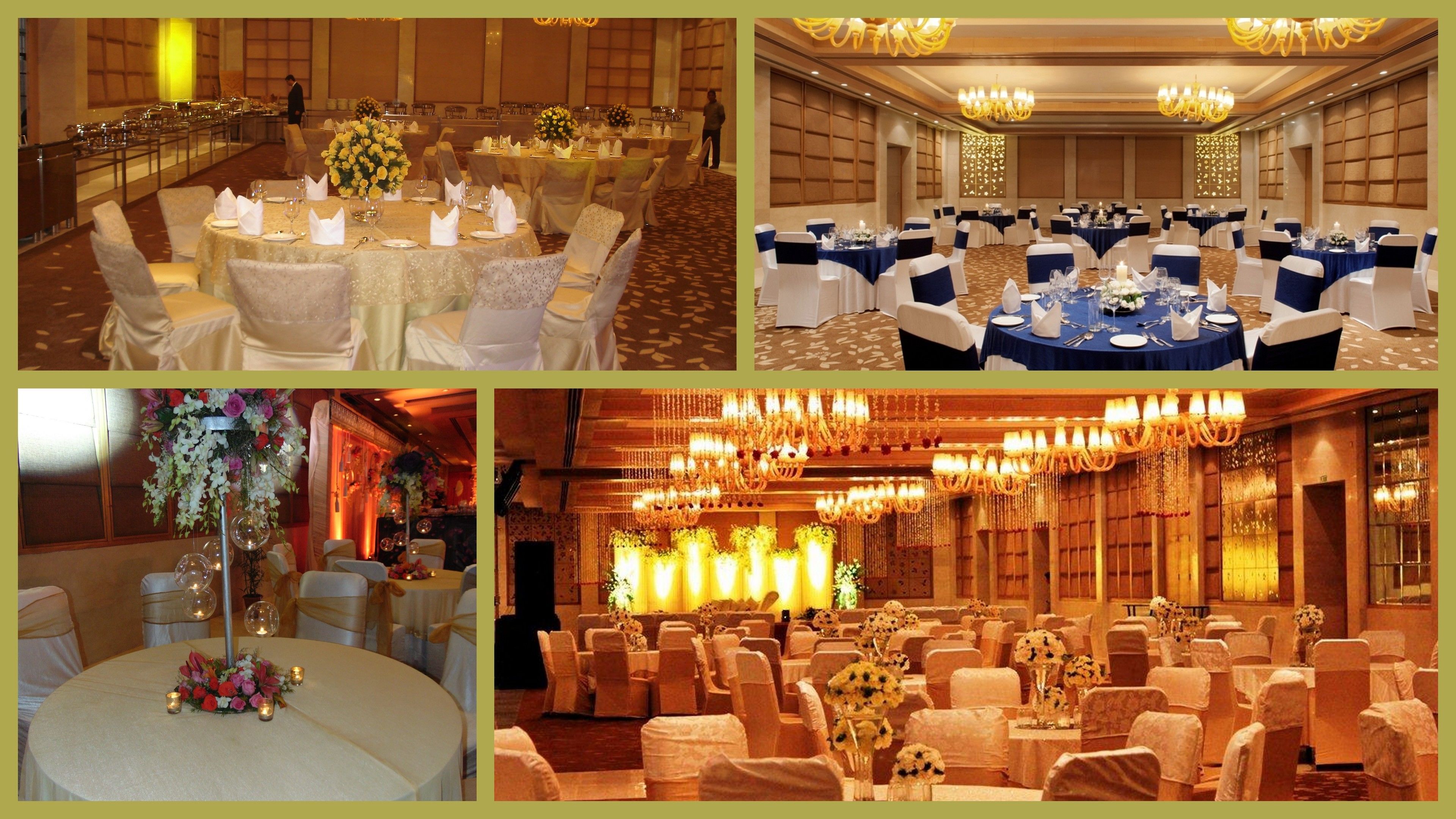 A hotel ballroom with round tables, white chairs, and chandeliers.