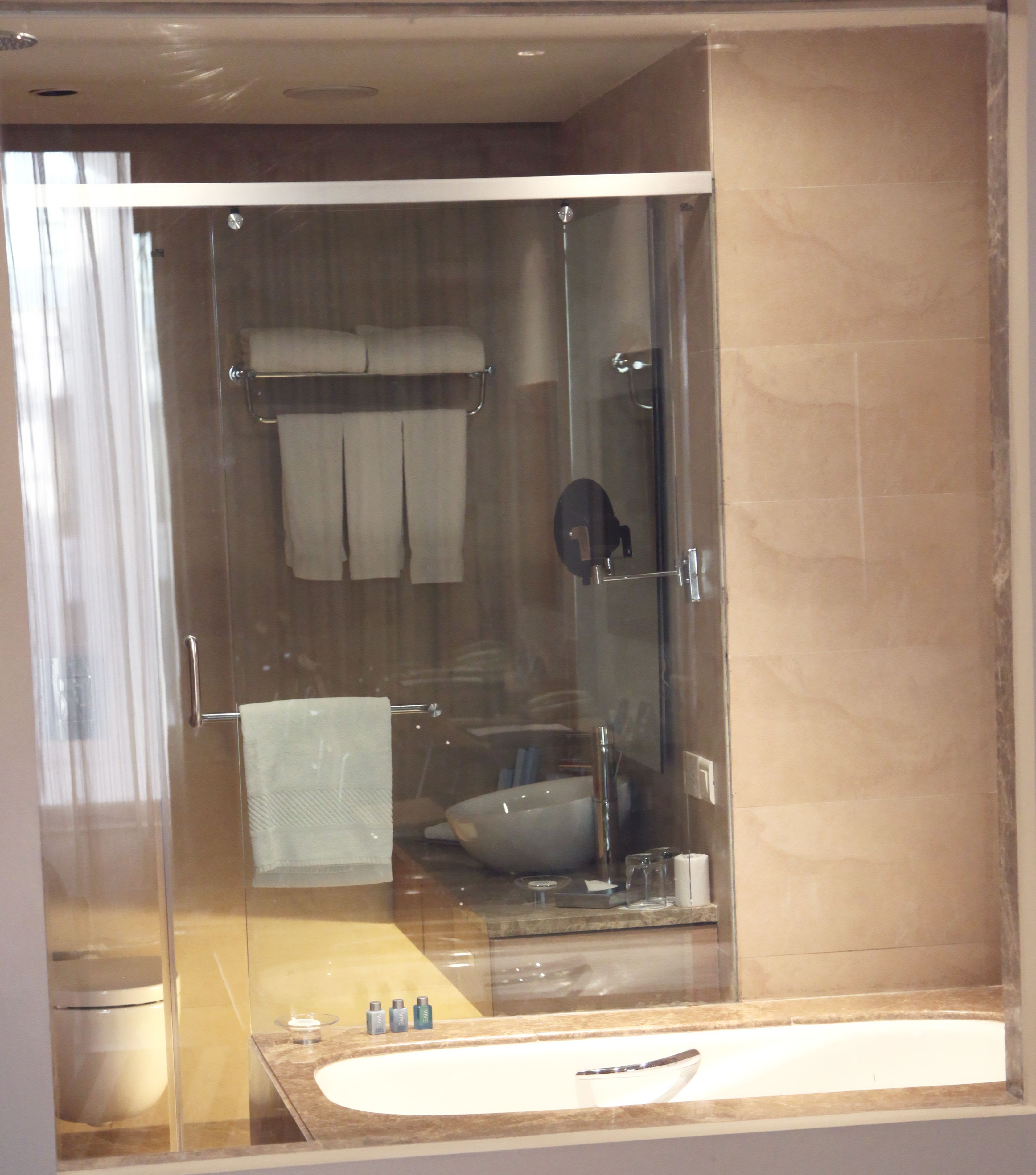 A modern bathroom with a glass-enclosed shower, a sink, and a towel rack.