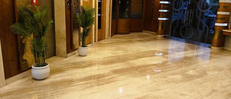 Un vestíbulo elegante con suelo de mármol, puertas de madera y plantas en macetas.