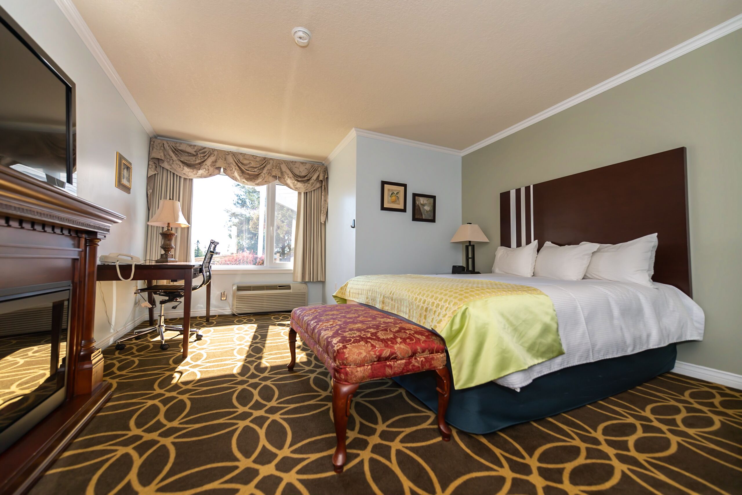 A hotel room with a large bed, a desk with a lamp, a chair, and a television.