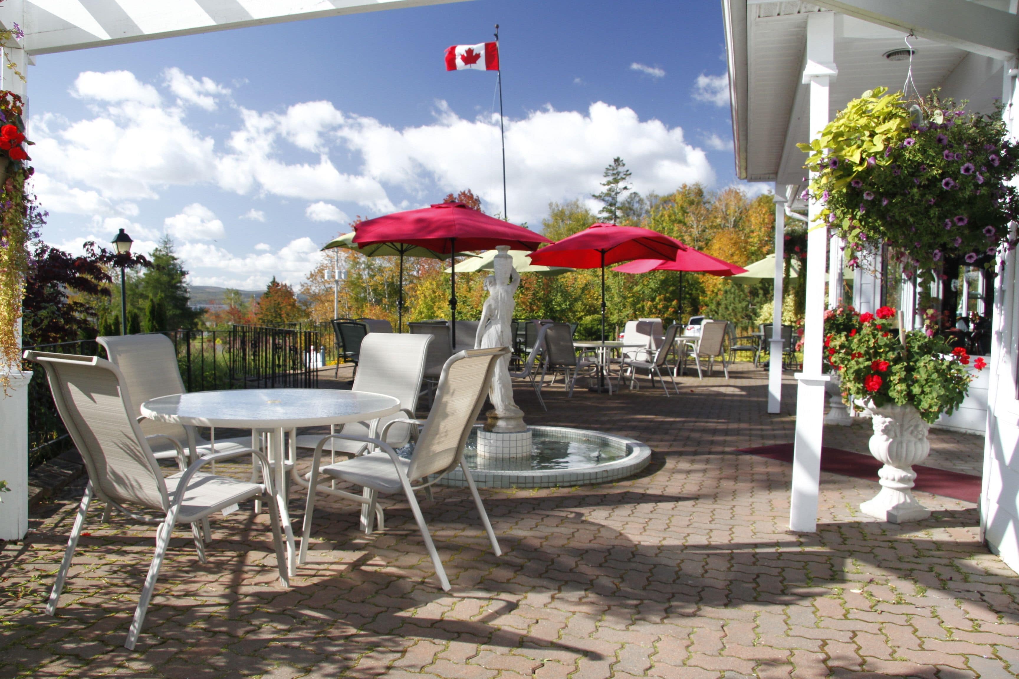 An outdoor patio with a round table and chairs, a flag, and potted plants.