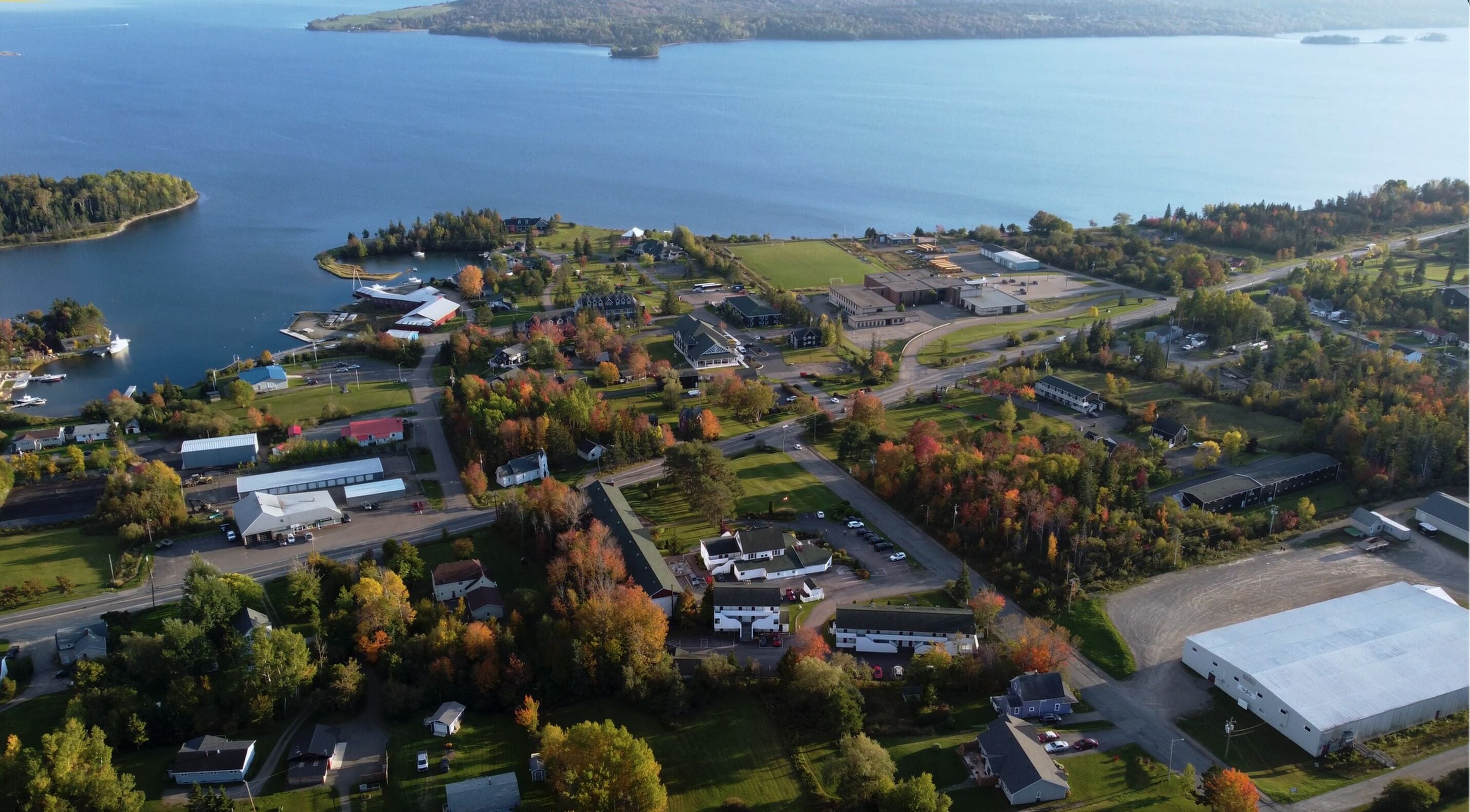 An aerial view of a lakeside community with residential and commercial buildings, roads, and a dock.