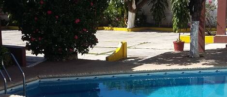 Outdoor pool, open 10 AM to 9 PM, sun loungers