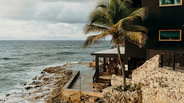 A coastal building with a stone facade, a palm tree, and a view of the ocean. - The Waves at Cane Bay (Kingshill)
