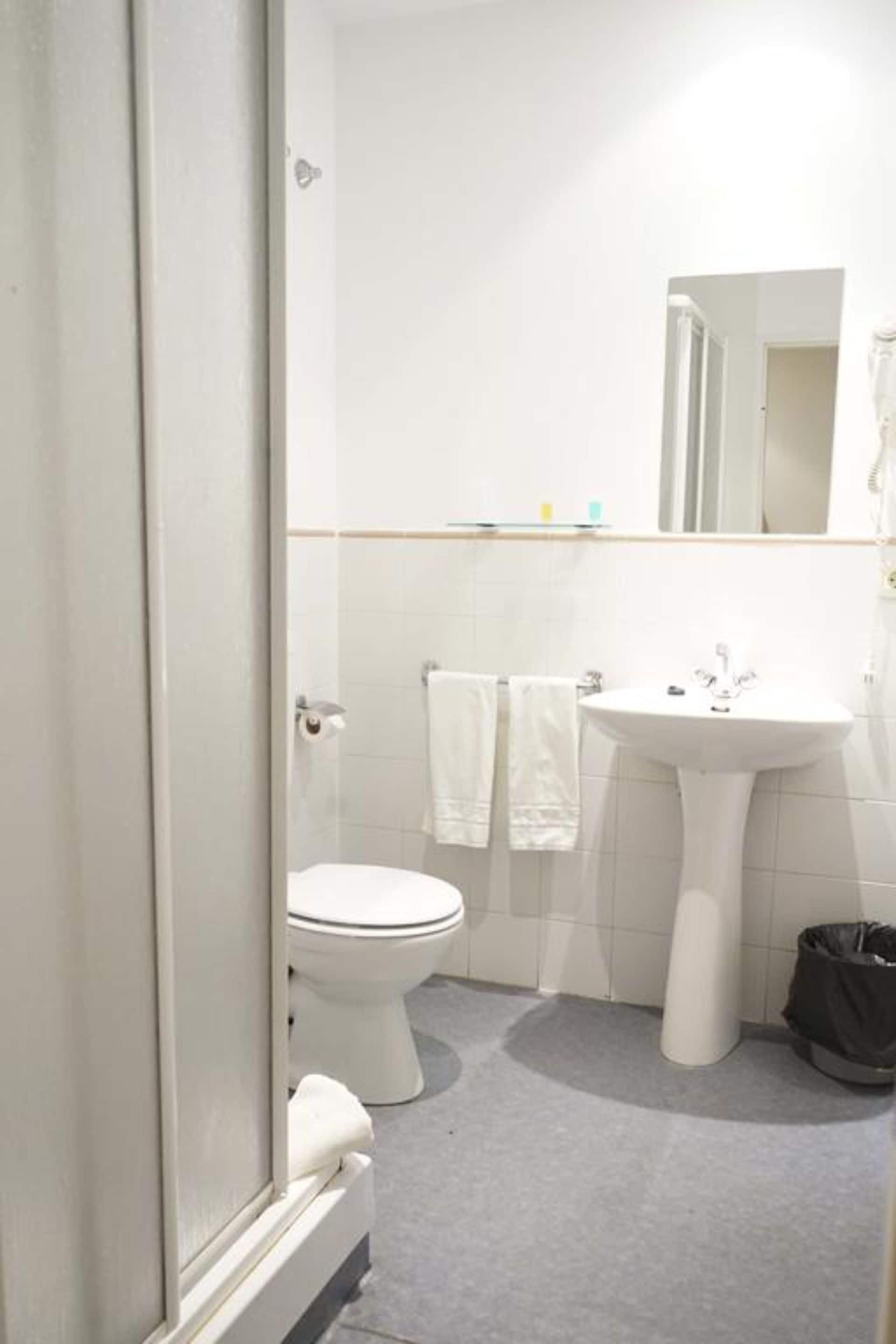 A bathroom with a toilet, sink, and mirror.