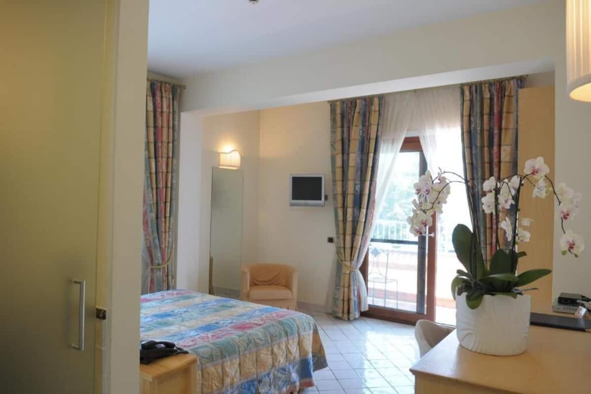 A hotel room with a bed, a chair, a TV, a plant, and curtains.