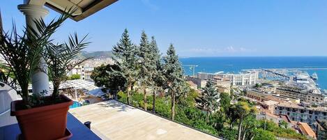 A balcony with a potted plant, overlooking a coastal cityscape with buildings and a marina.