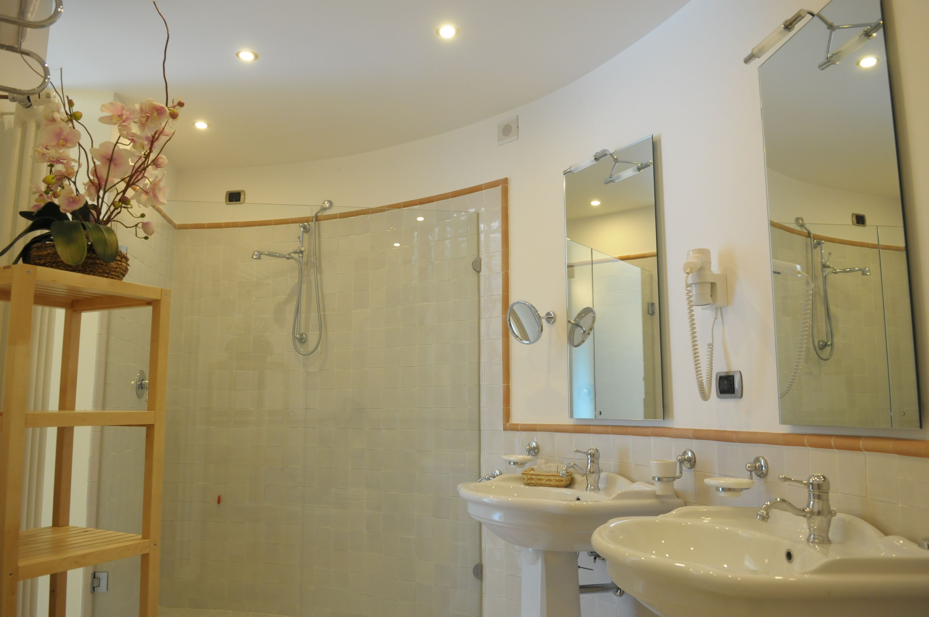A bathroom with two sinks, a shower, and a mirror.