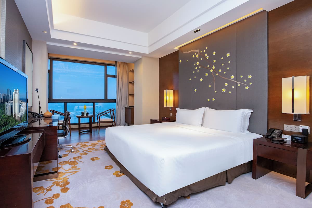 Habitación de hotel con una cama grande, un escritorio, una televisión y vistas a la ciudad.
