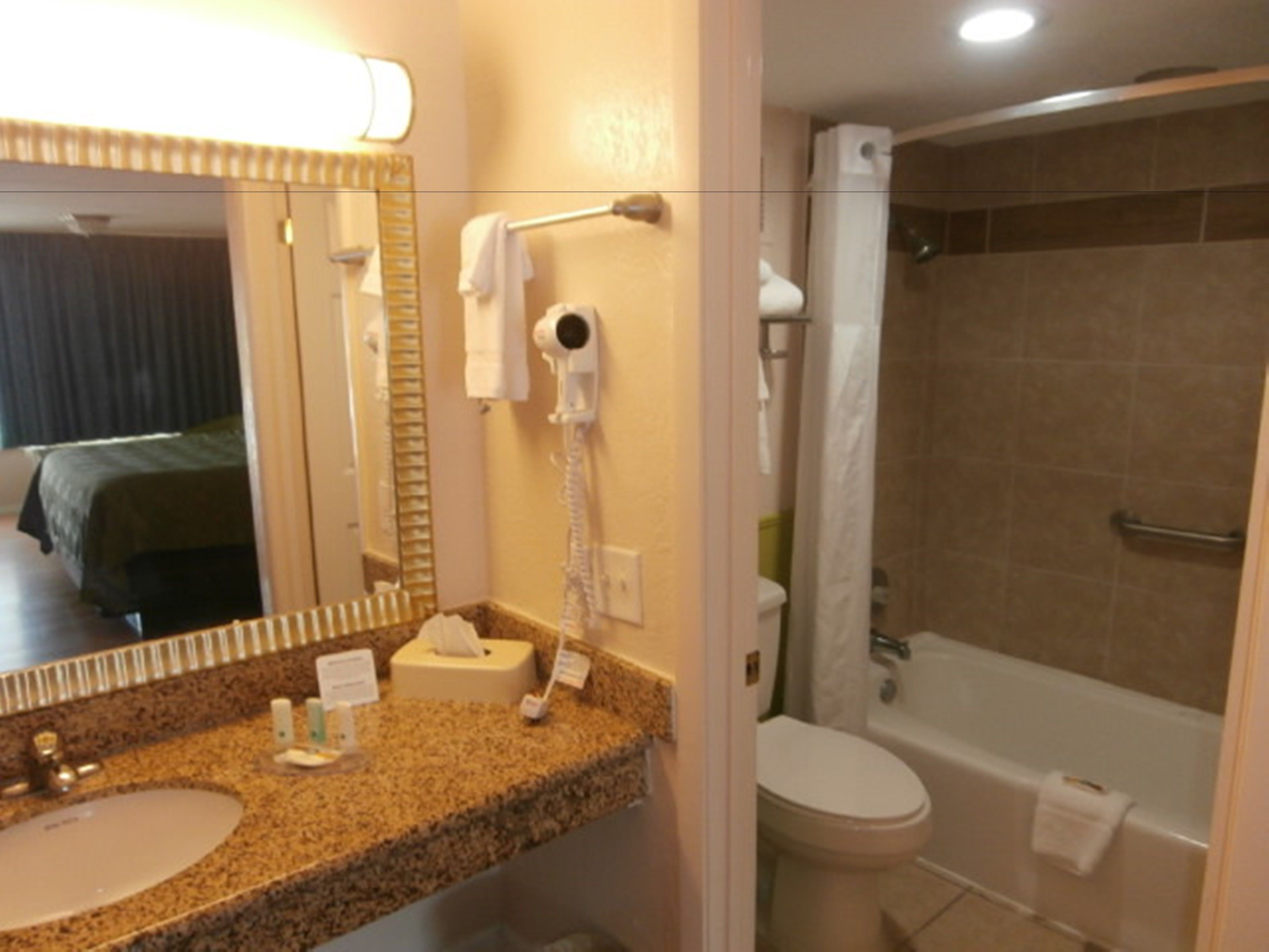 Combined shower/bathtub, free toiletries, hair dryer, towels