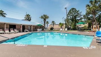 Seasonal outdoor pool, pool umbrellas, pool loungers