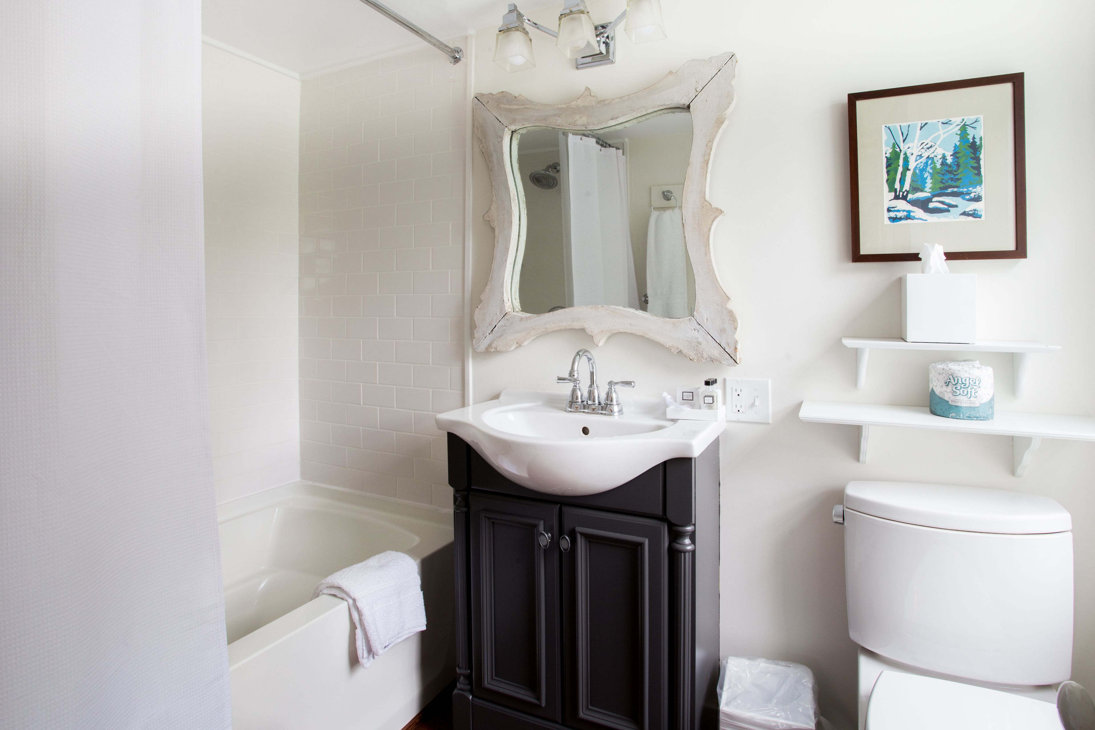 Une salle de bain avec un lavabo blanc, des meubles sombres, des toilettes blanches, une douche et un tableau encadré au mur.