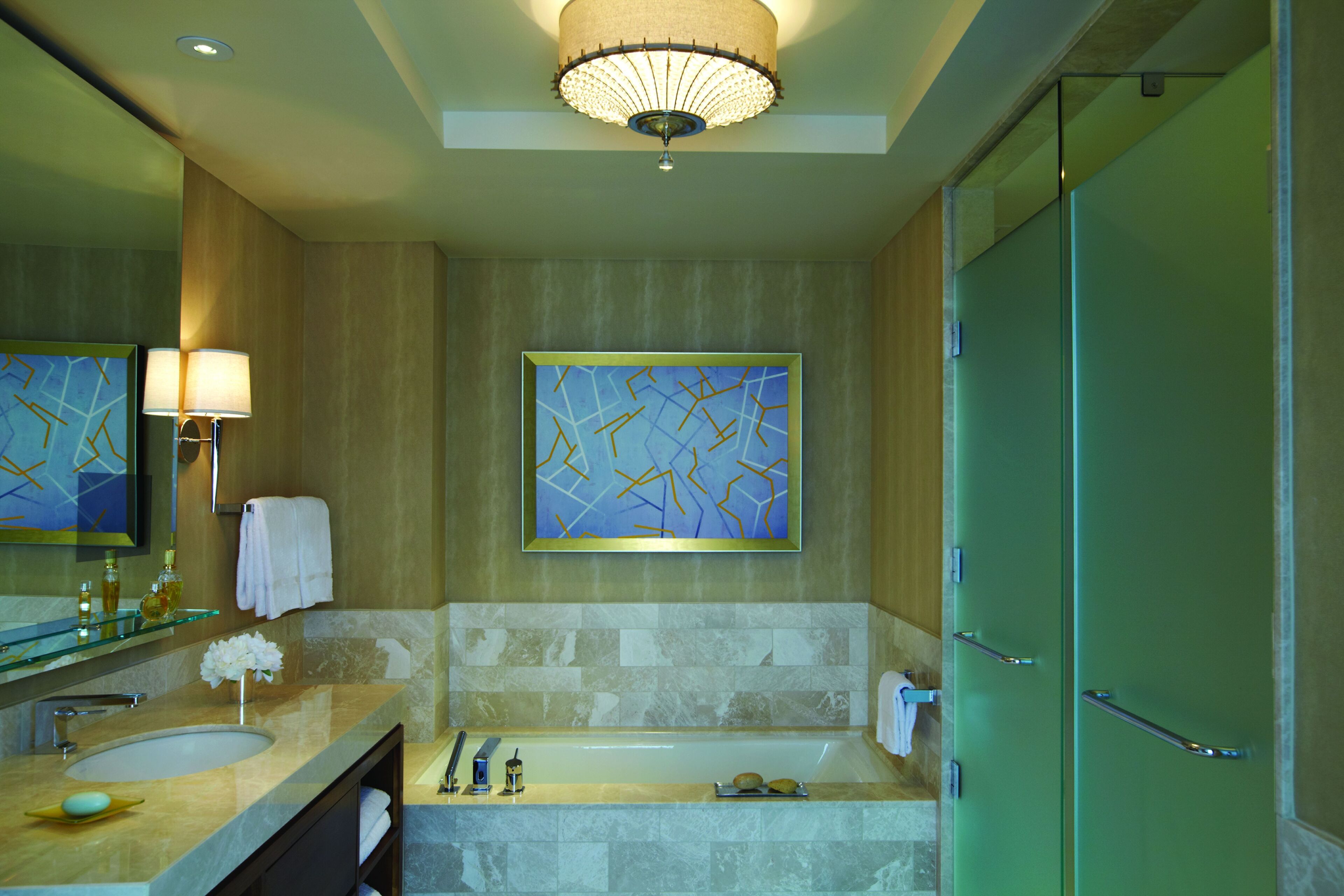 separate bathtub and shower, deep-soaking bathtub, rainfall showerhead