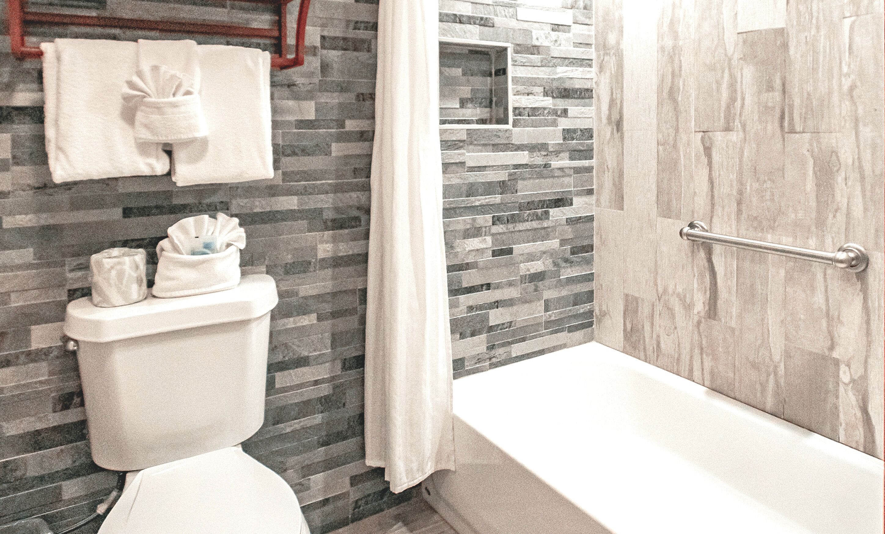 A bathroom with a toilet, a shower, and a bathtub.