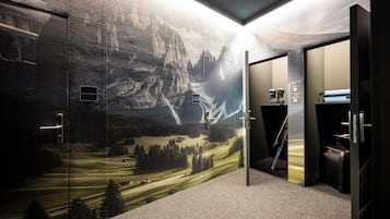 A room with a mountain landscape mural, a door labeled "Laundry," and a sign indicating "Room 41."