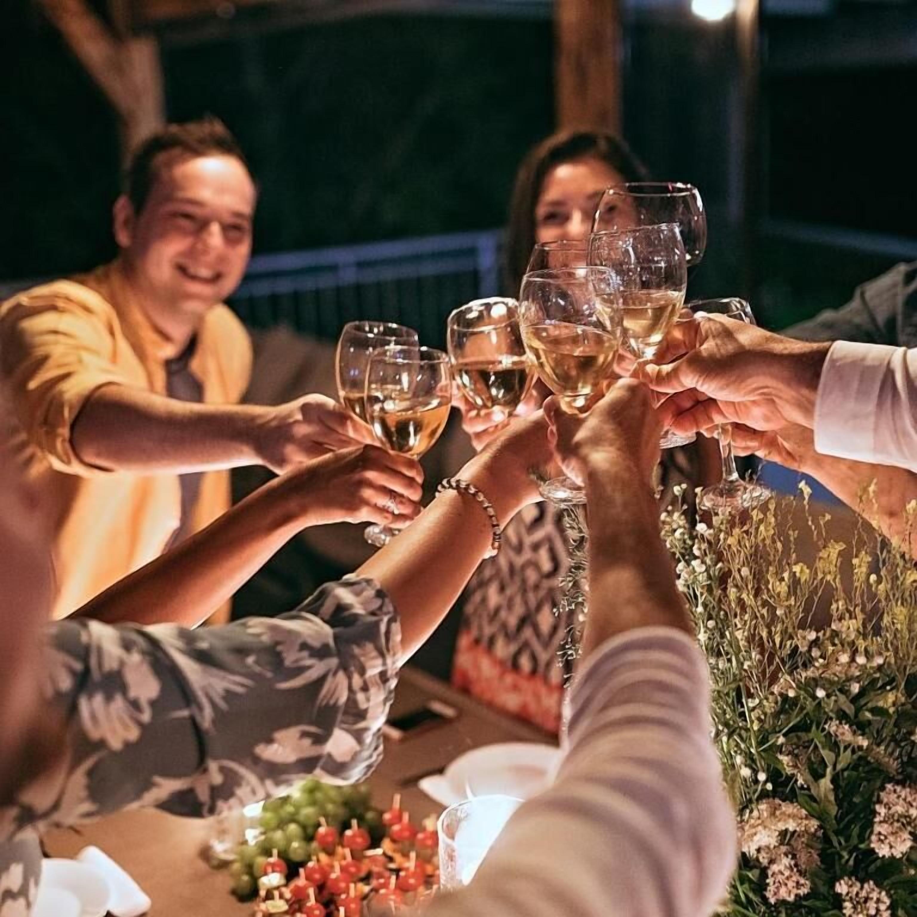 A group of people toasting with wine glasses at a table with a floral arrangement and snacks.