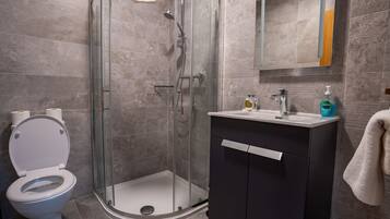 A modern bathroom with a glass-enclosed shower, a white toilet, and a dark-colored vanity with a mirror above it.
