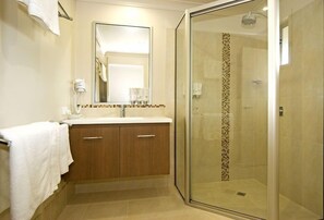 Shower, free toiletries, hair dryer, towels