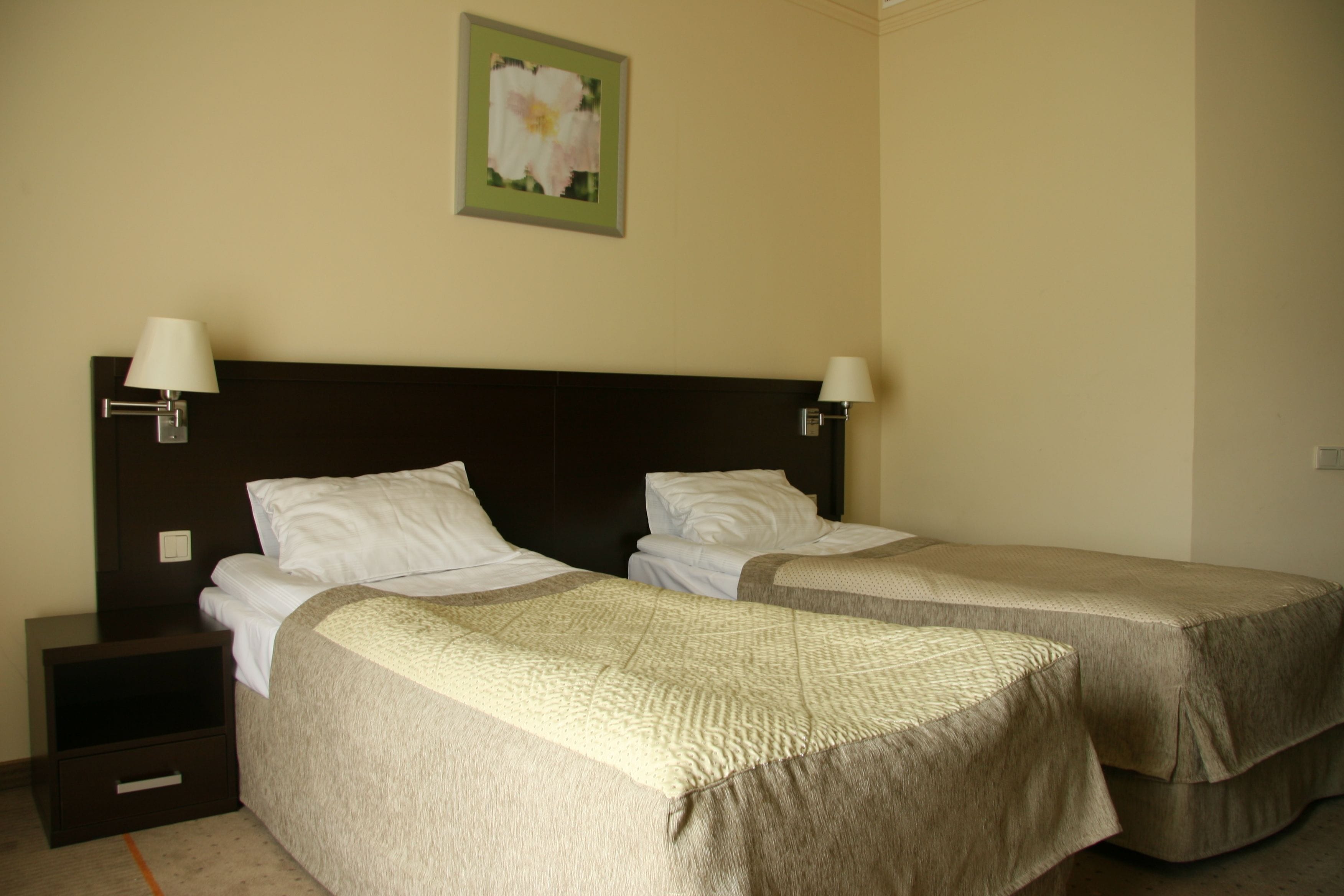 Habitación de hotel con dos camas individuales, una mesita de noche, una lámpara y un cuadro en la pared.