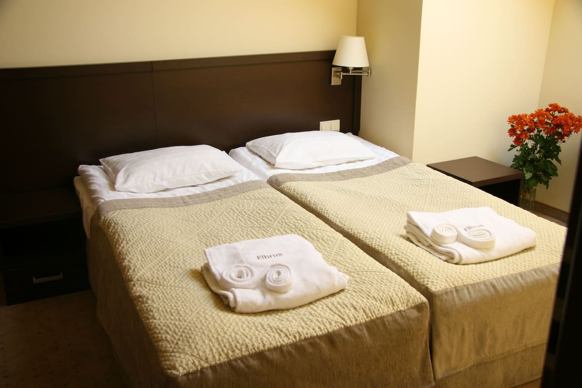 Habitación de hotel con dos camas, cada una con una toalla blanca doblada y un almohadón. Se observa una mesita de noche con una lámpara y un florero.