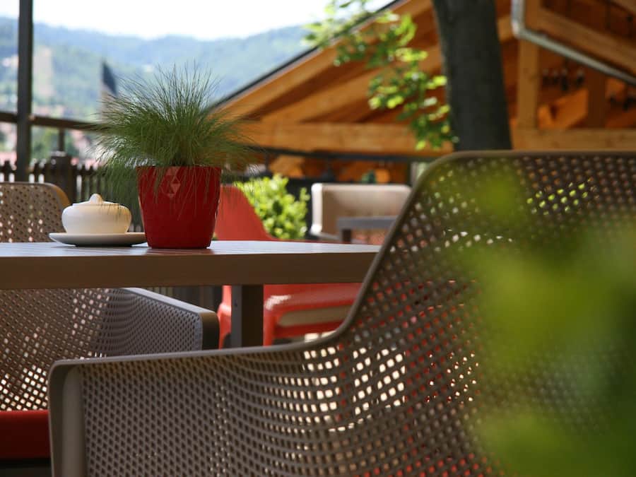 Una mesa con una planta en maceta, un cuenco blanco y una silla roja en un restaurante con vistas a la montaña.