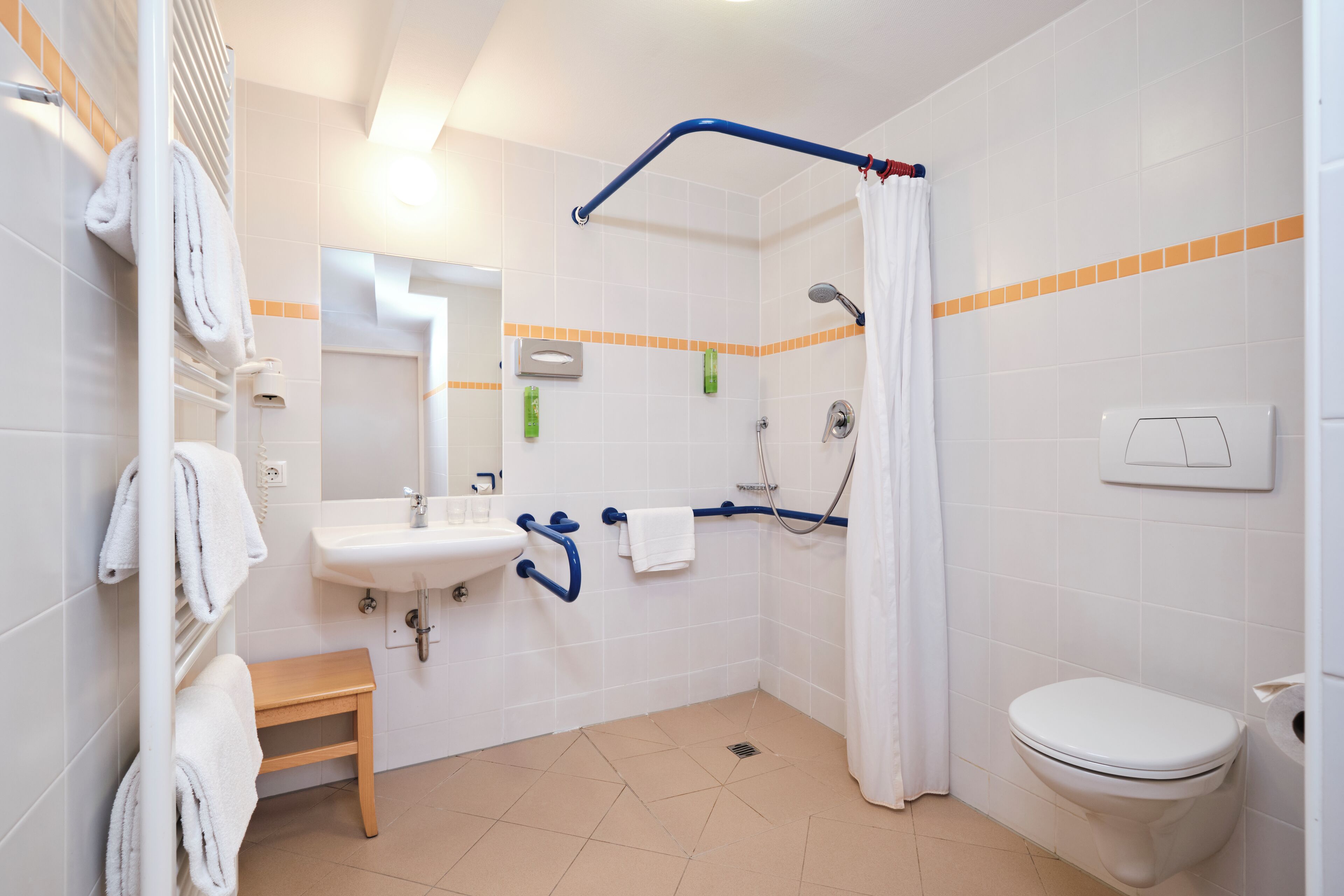Baño con lavabo, espejo, inodoro y ducha con barras de apoyo.
