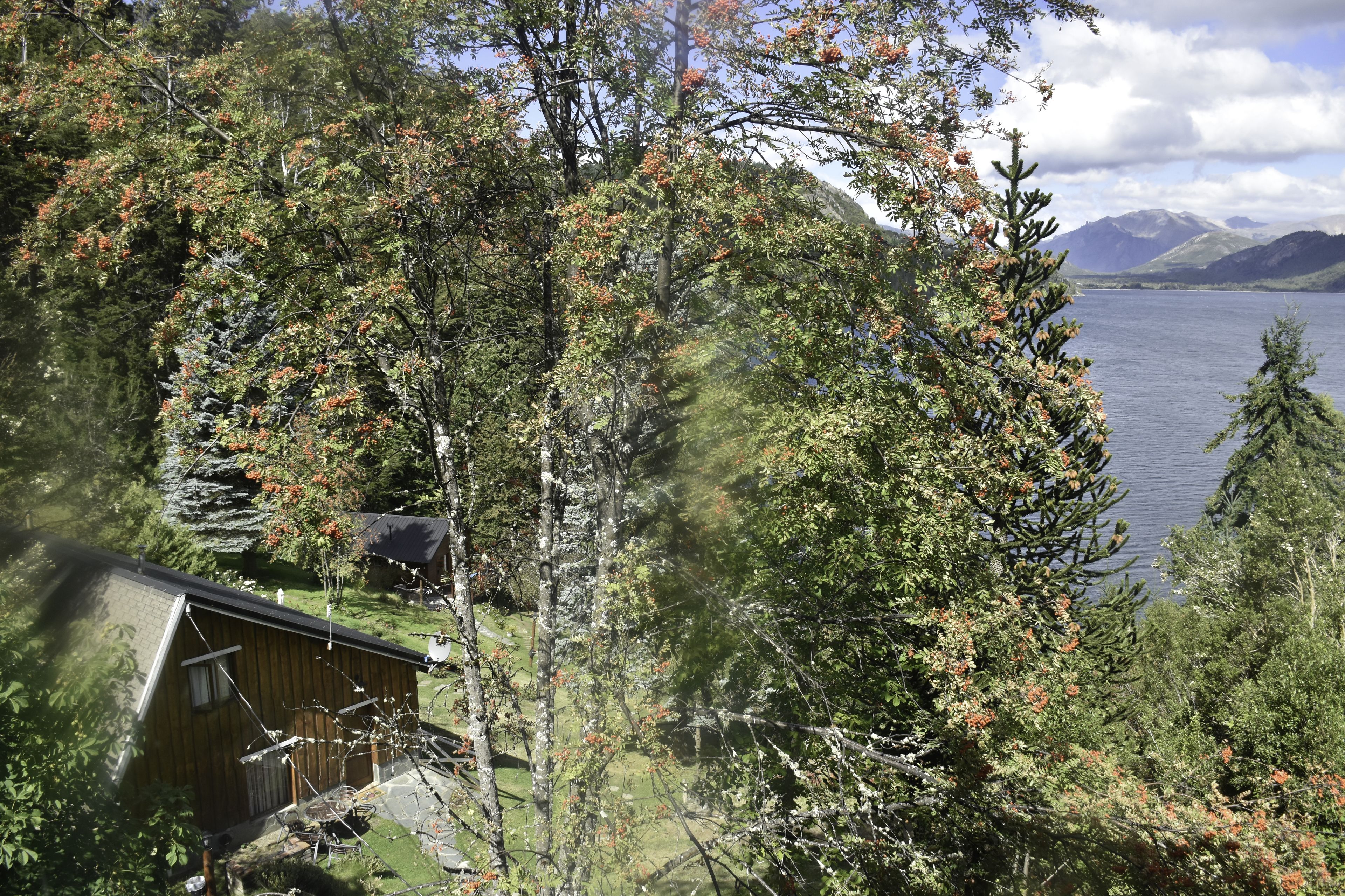 Une cabane avec vue sur un lac et des montagnes.