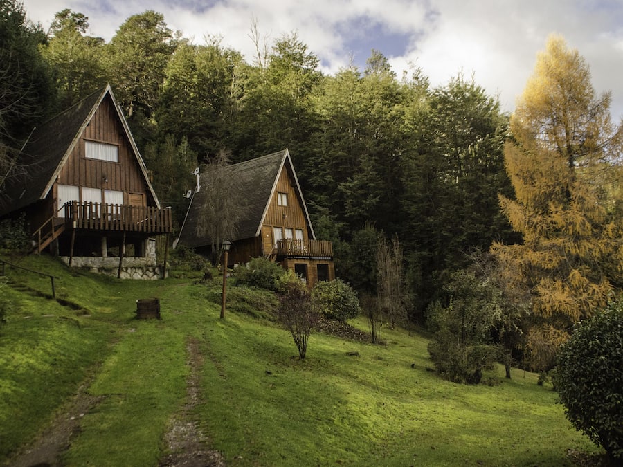 Two wooden cabins with balconies, surrounded by lush greenery and trees.