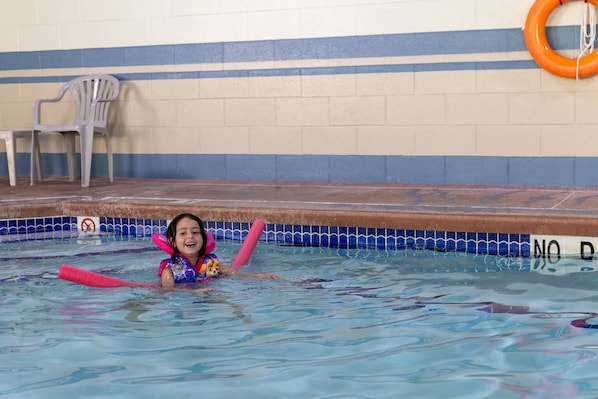 Indoor pool, outdoor pool, open 9:00 AM to 9:00 PM, pool loungers