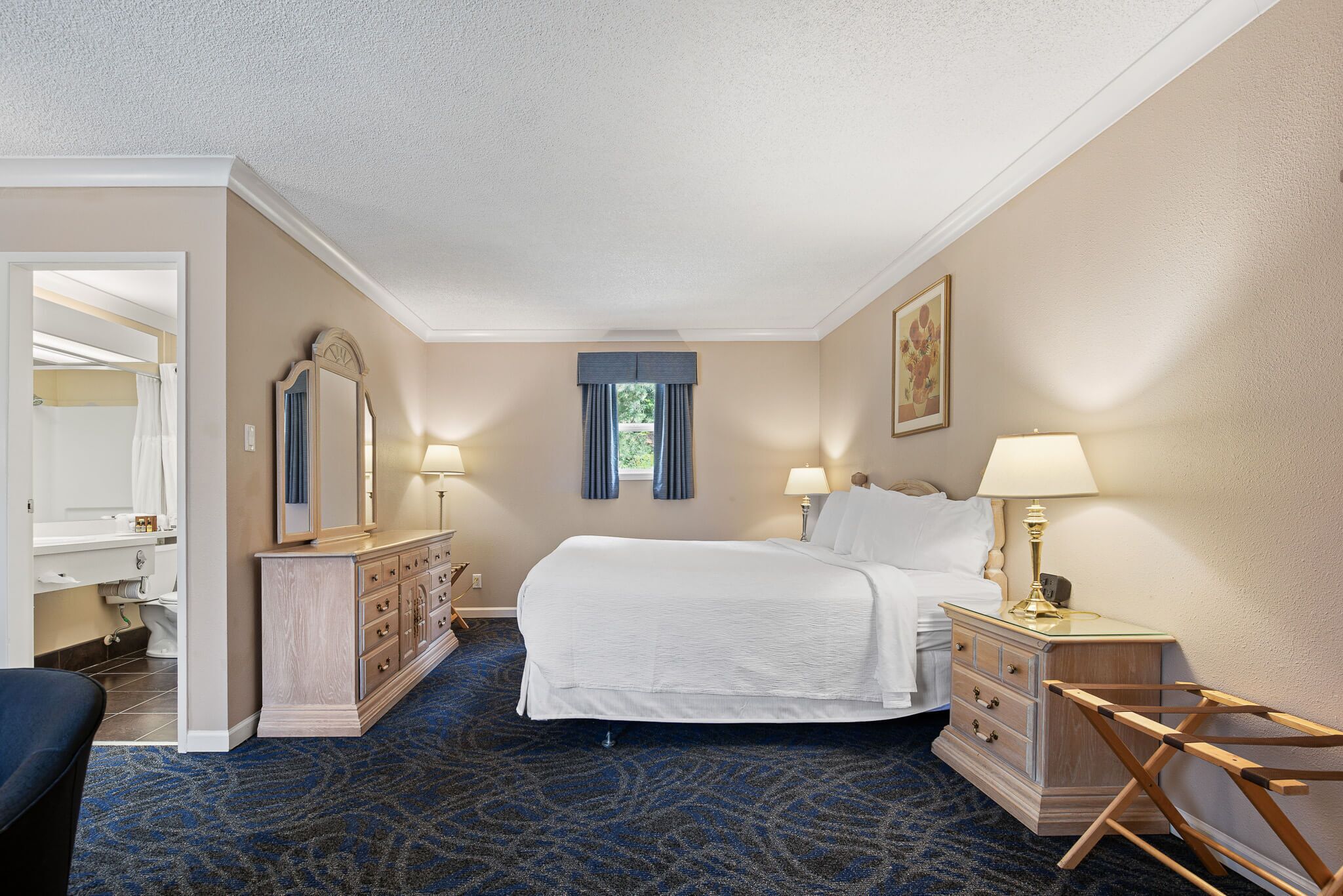 A hotel room with a large bed, a dresser, a mirror, a window with curtains, and a lamp.