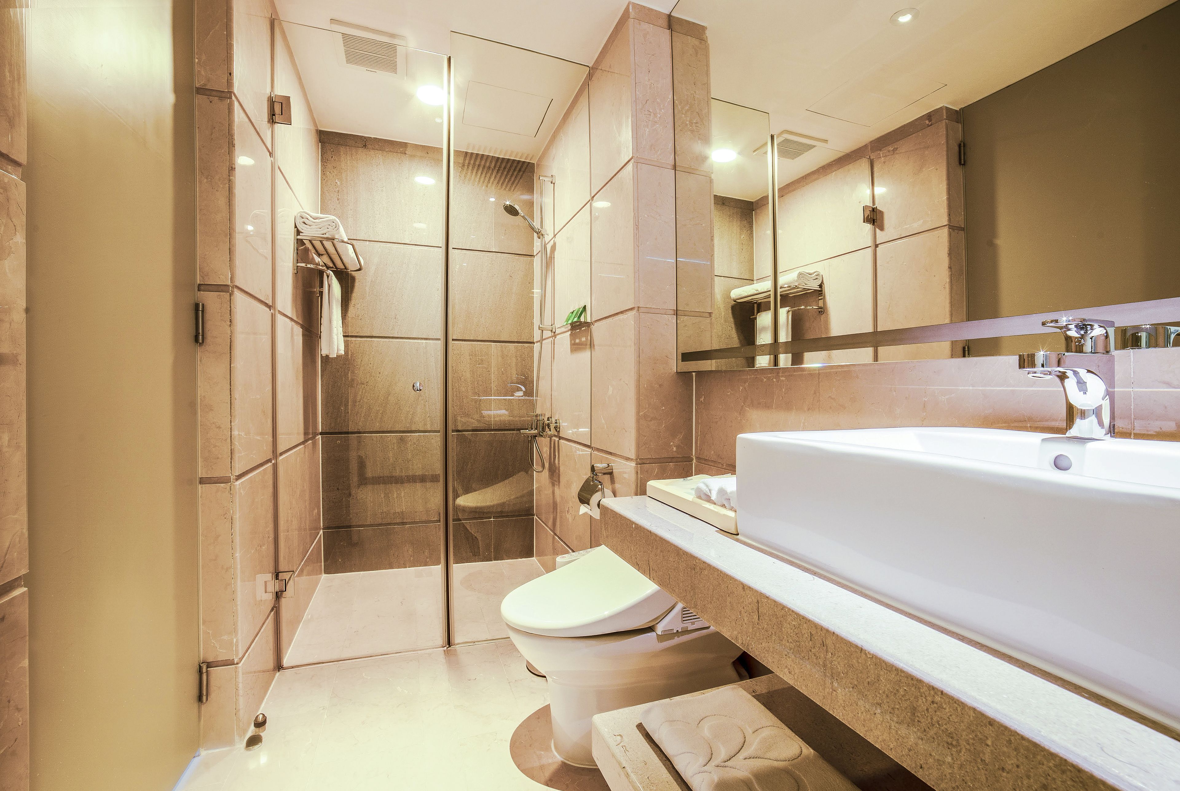 A modern bathroom with a glass-enclosed shower, a white sink, and a large mirror.
