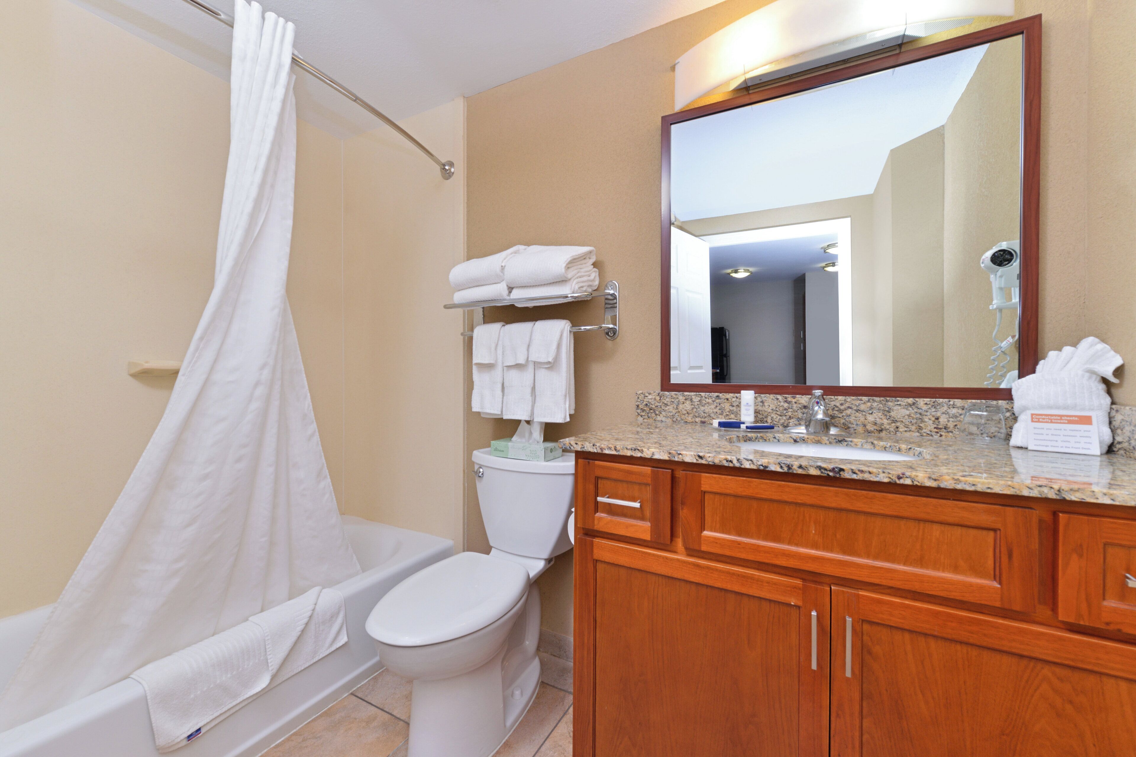 A bathroom with a shower, toilet, and vanity with a mirror.