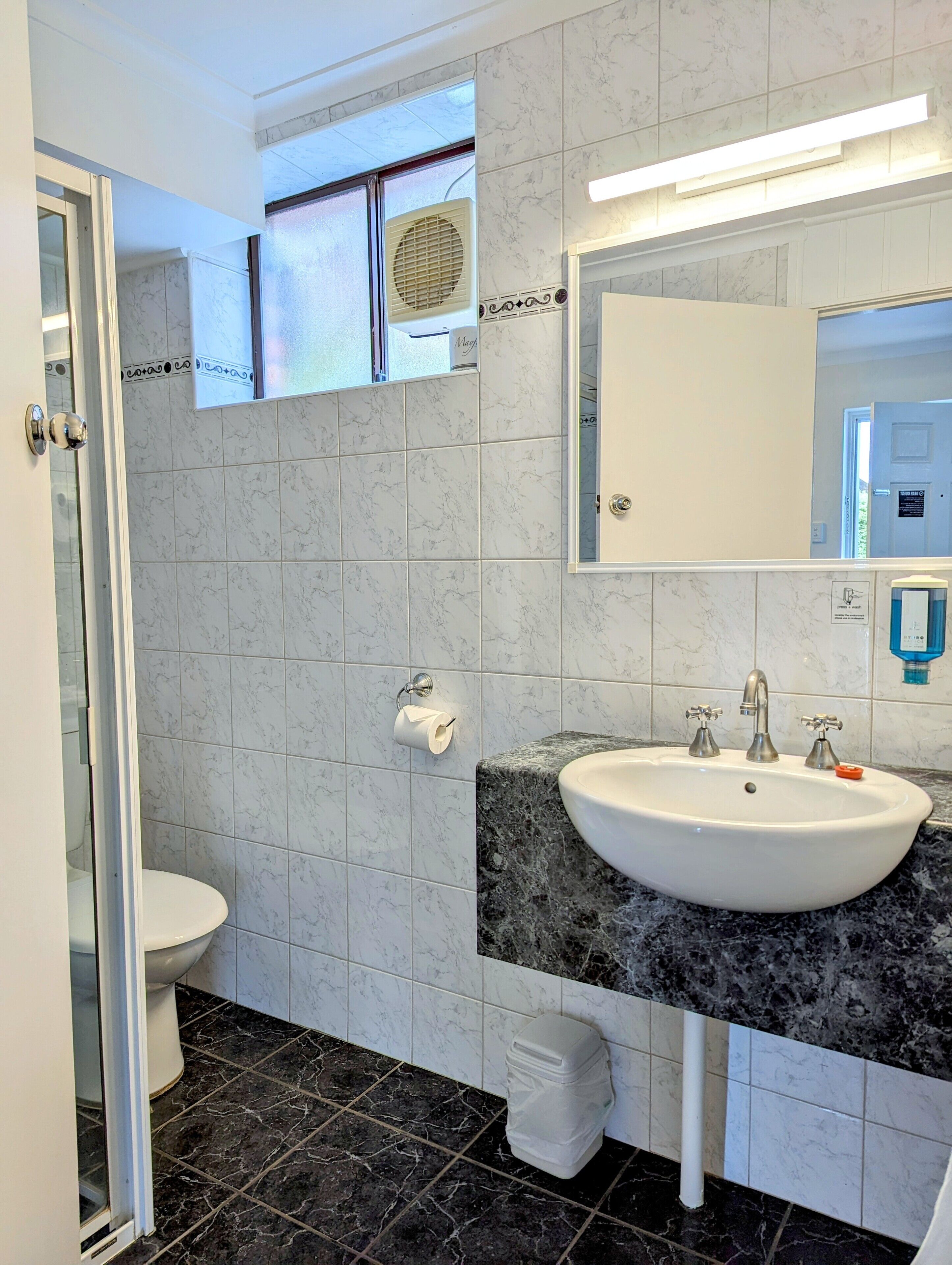 A bathroom with a toilet, a sink with a marble countertop, a mirror, and a shower area.