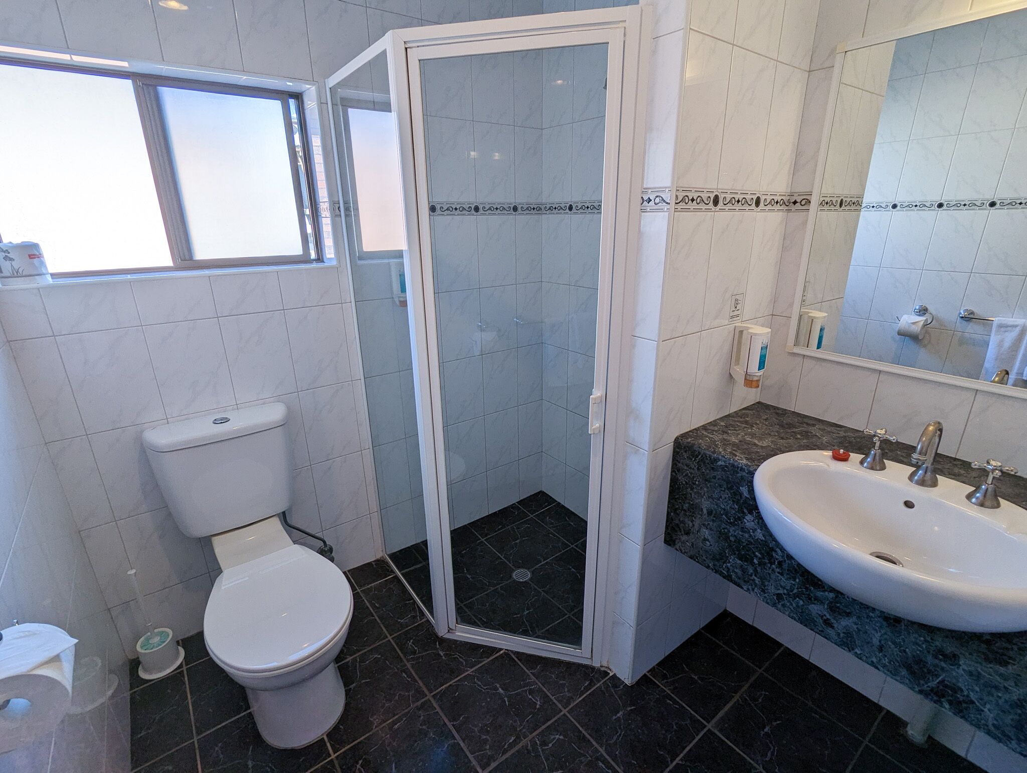 A bathroom with a toilet, a glass-enclosed shower, a sink, and a mirror.