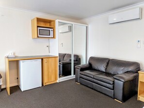 A compact room with a kitchenette, a leather sofa, and a sliding glass door closet.
