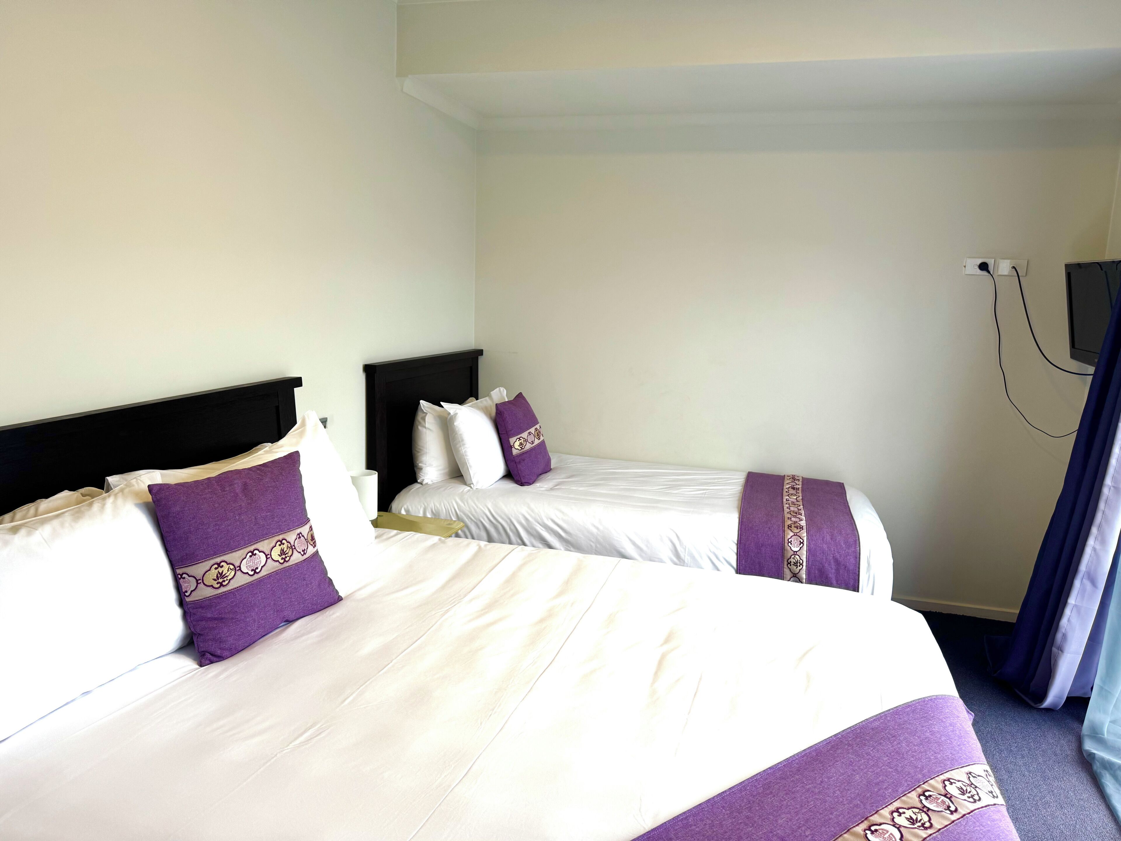 Dos camas individuales con cabeceras, ropa de cama blanca y almohadas decorativas moradas.
