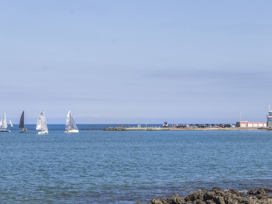 A coastal scene with sailboats on the water, a pier, and a building with a tower.
