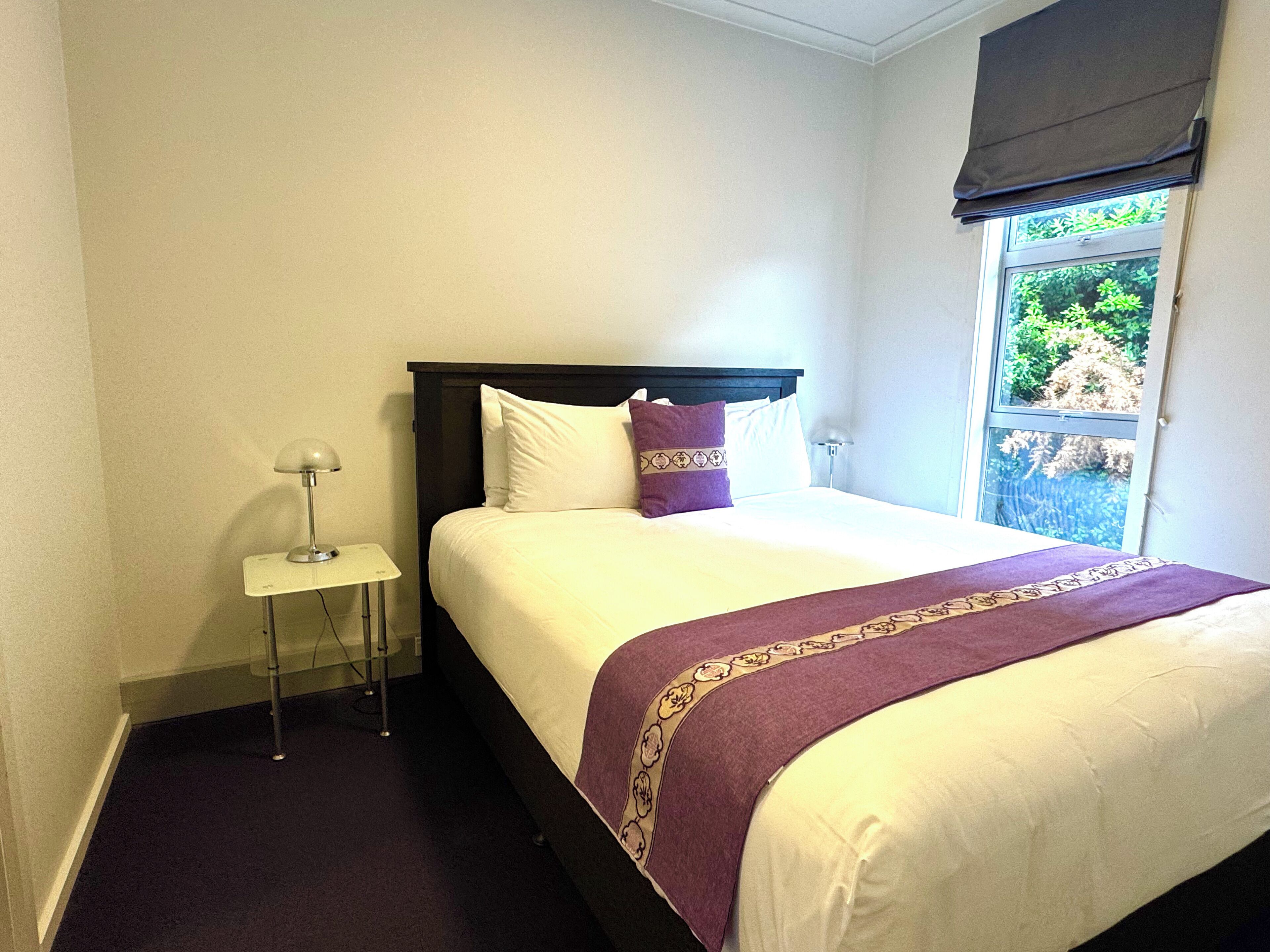 A hotel room with a bed, a nightstand, a lamp, and a window with a view of greenery.