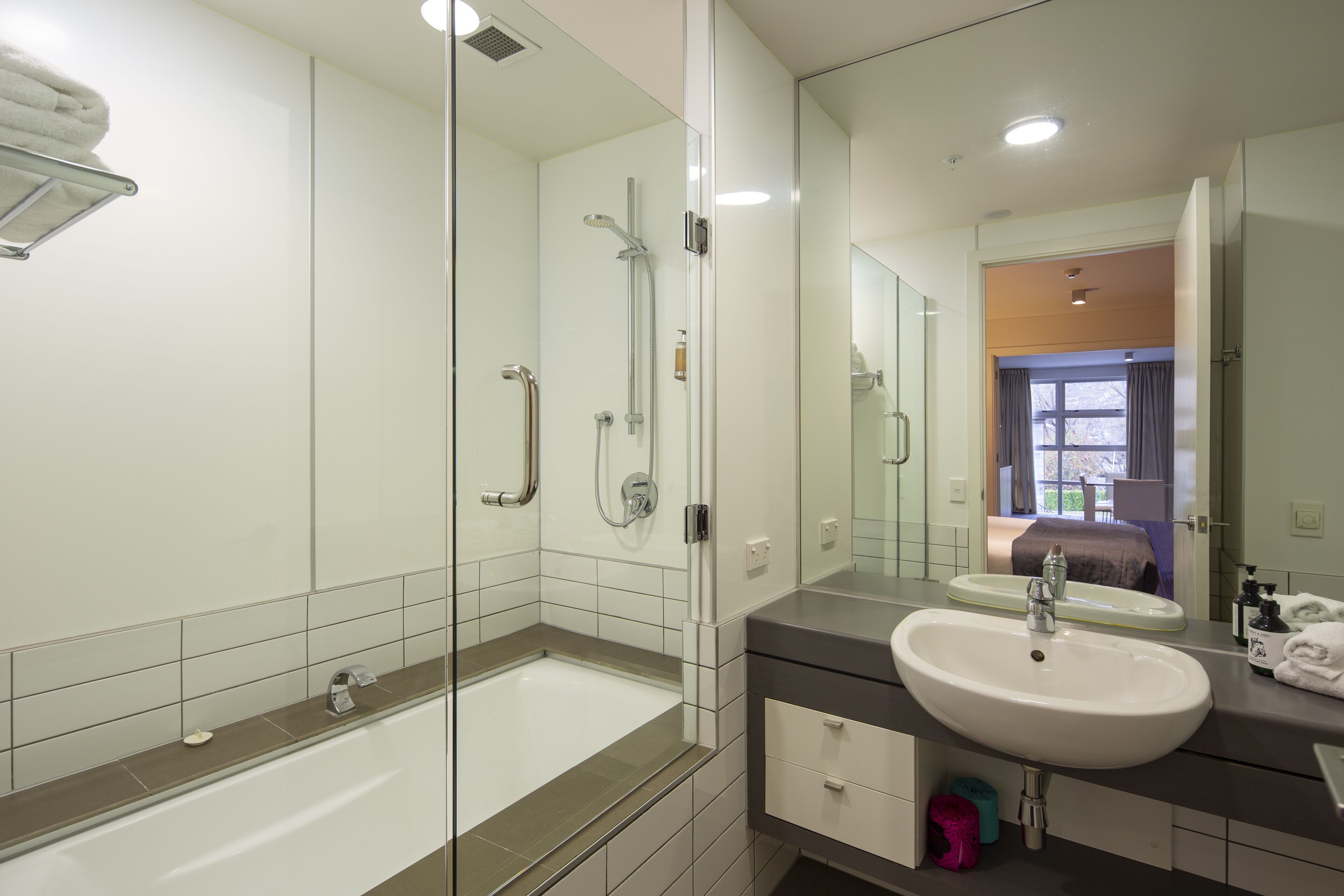 eco-friendly toiletries, hair dryer, towels, soap